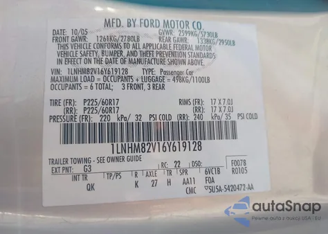 2006 Lincoln Town Car Signature Limited from USA, damaged, VIN 1LNHM82V16Y619128